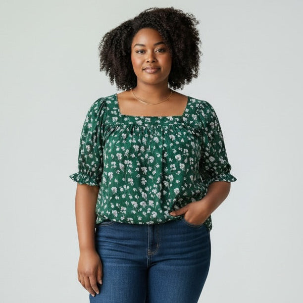 Green Floral Print Ruffled Blouse