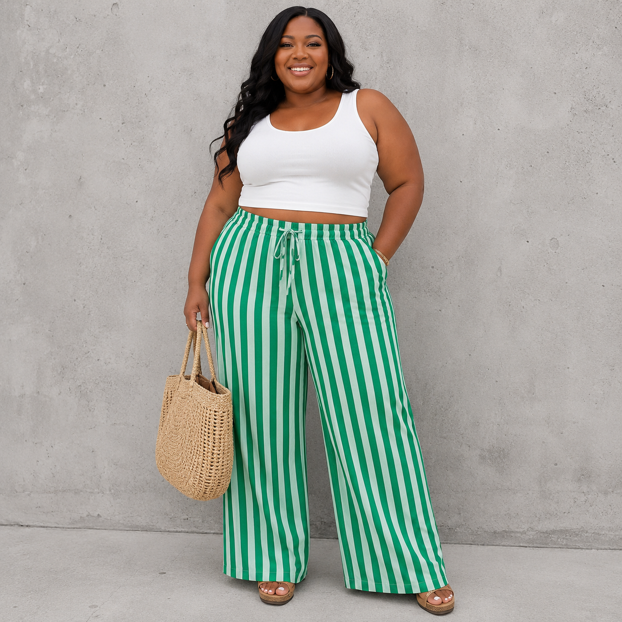 Green and white striped pants