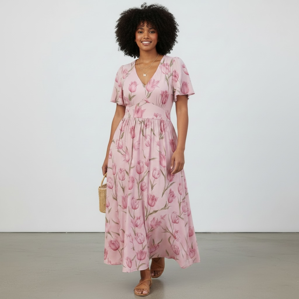 Tulip Print Flutter Maxi Dress