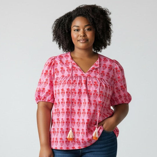 Pink Red Floral Peasant Top