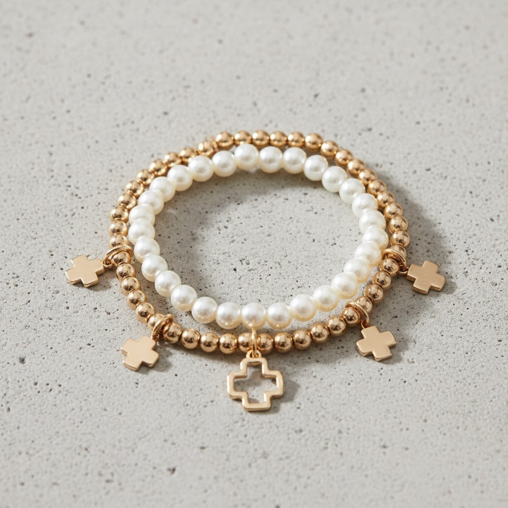 Cross Multi Charm & Pearl Bracelet Set