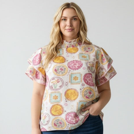 Vintage Print Ruffled Blouse