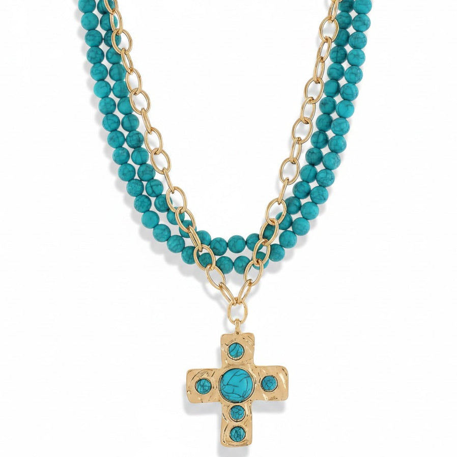 Layered Stone Cross Necklace Set