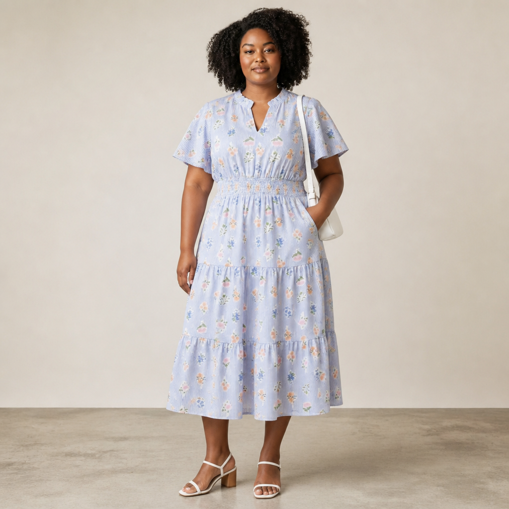 Blue Stripe Floral Midi Dress