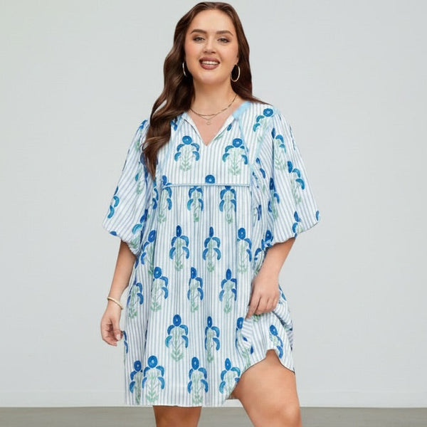 Sky Blue Floral Striped Bubble Dress