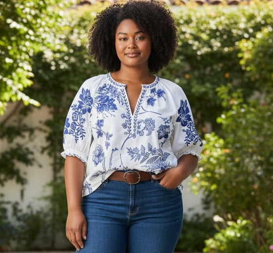 Blue and White Floral V-Neck Blouse