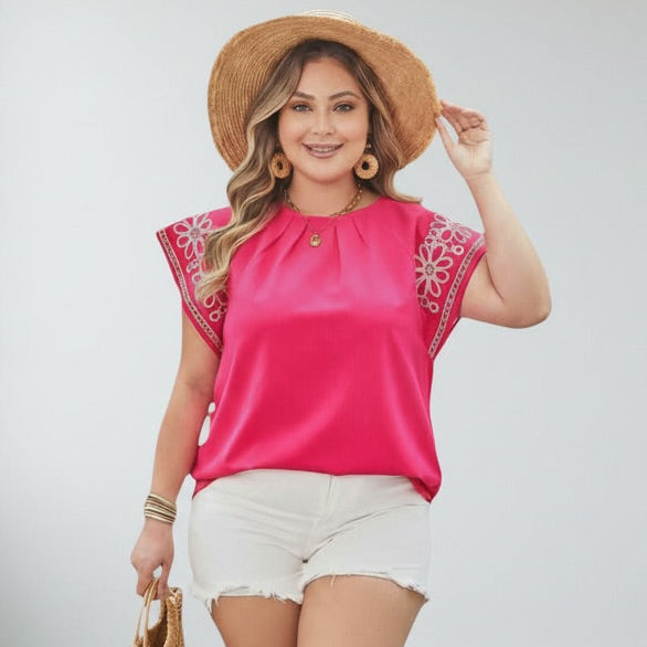 Pink Embroidered Flutter Sleeve Blouse
