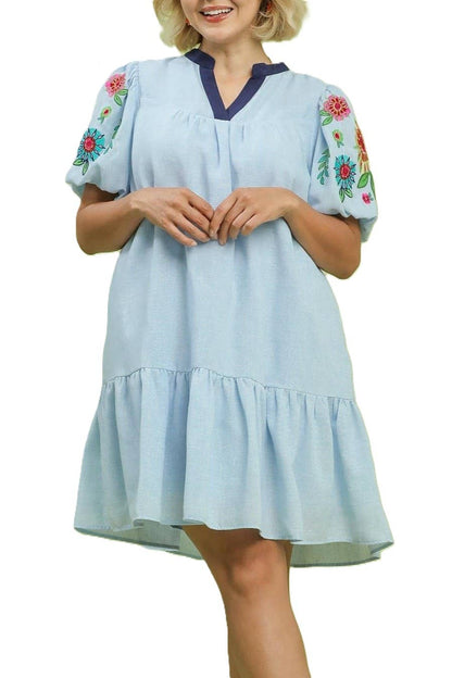 Embroidered Puff Sleeve Mini Dress