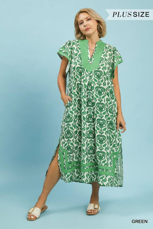 Green Abstract Print Midi Dress