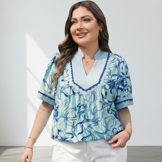 Sky Blue Scalloped Trim Blouse
