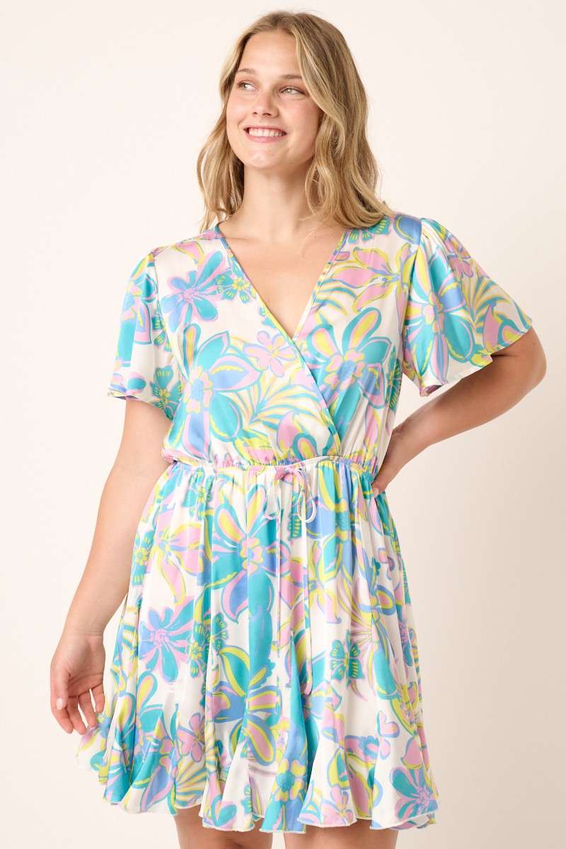 Flower Print Surplice Godet Detail Mini Dress