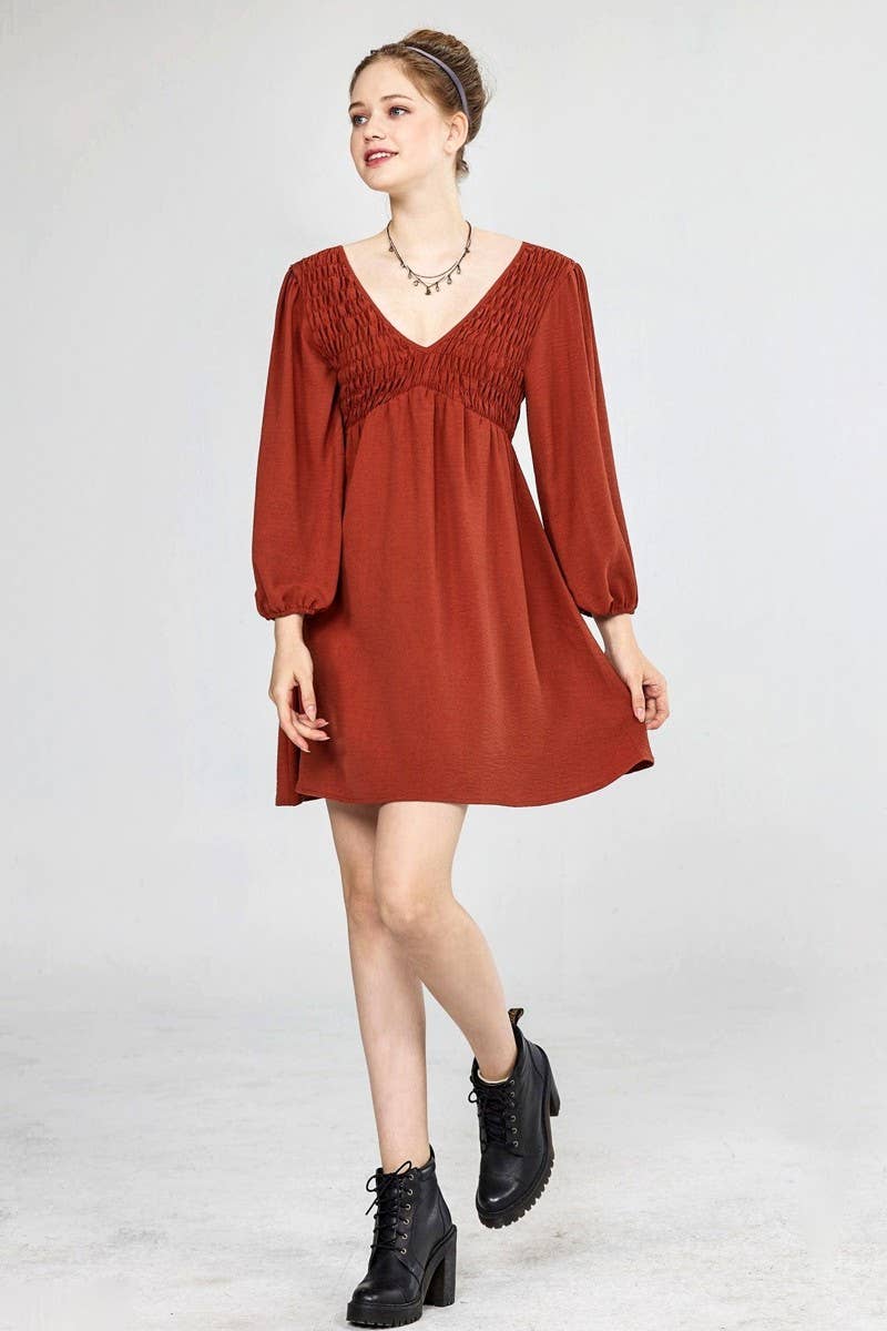 Smocked Bust V-Neck Mini Dress