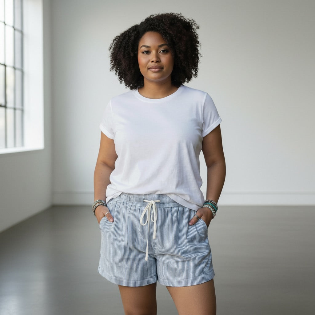 Contrast Drawstring Elastic Waist Denim Shorts