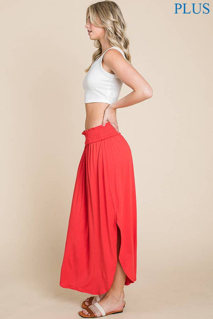 Smocking Waist Slit Maxi Skirt