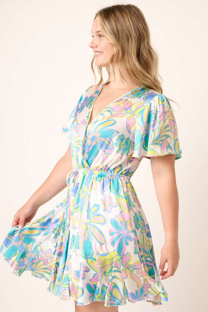 Flower Print Surplice Godet Detail Mini Dress