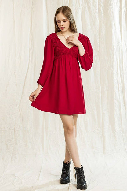 Smocked Bust V-Neck Mini Dress
