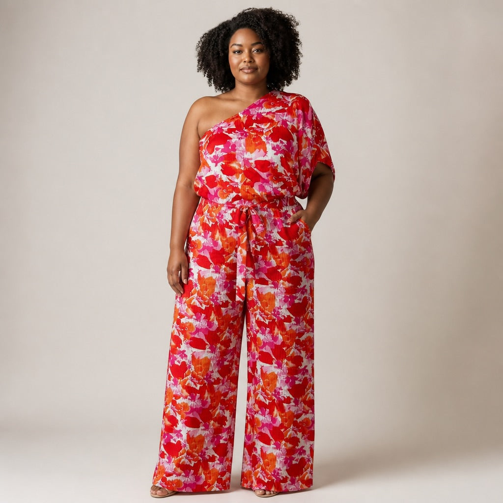 Red and Pink One Shoulder Jumpsuit