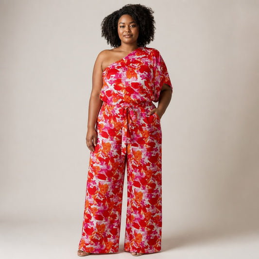 Red and Pink One Shoulder Jumpsuit