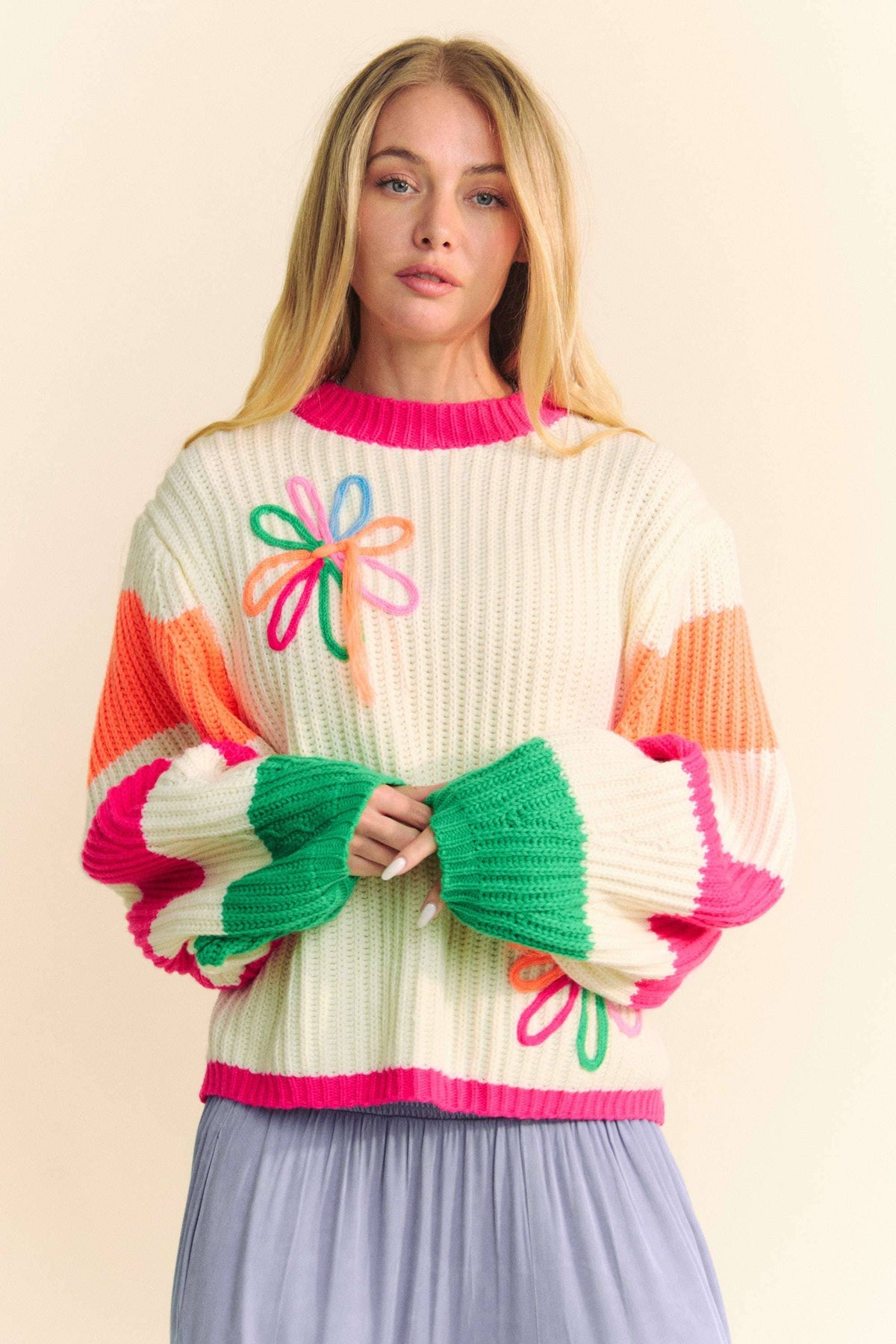 Flower Striped Chunky Knit Sweater