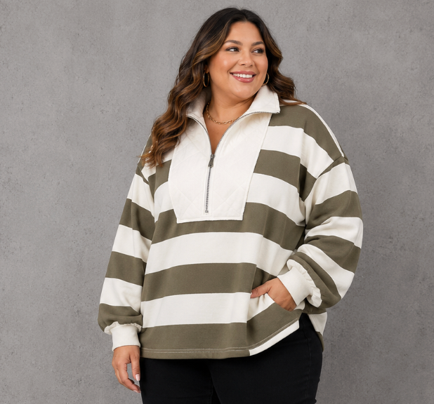 Green Stripe Half Zip Sweater