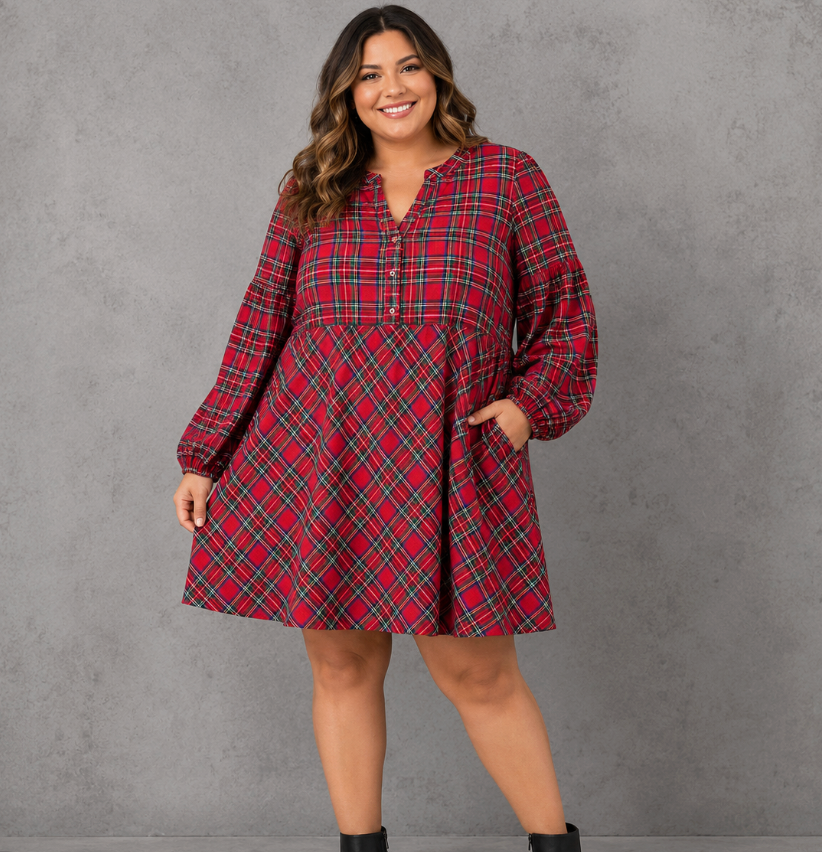 Plaid Half Button Holiday Dress