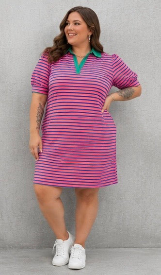 Pink Puff Sleeve Dress with Contrast Collar