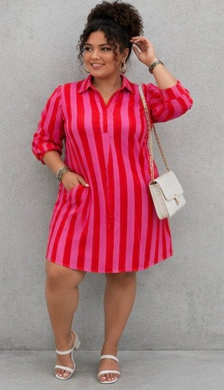 Red and Pink Puff Sleeve Dress