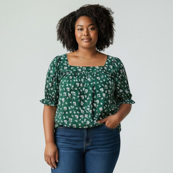 Green Floral Print Ruffled Blouse