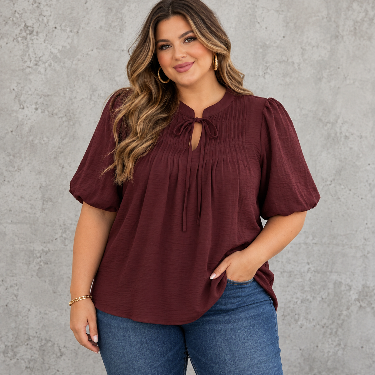 Puff Sleeve Pin-Tuck Top