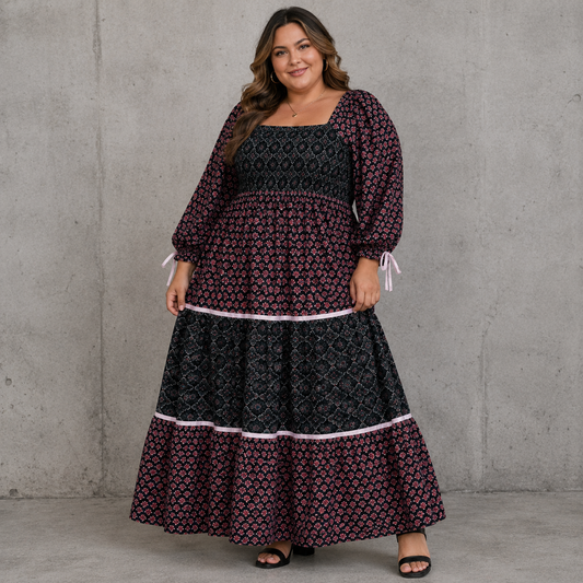 Floral Print Color Block Maxi Dress
