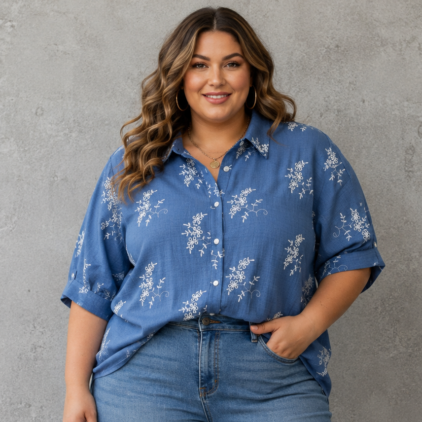Floral Embroidered Button Down Blouse