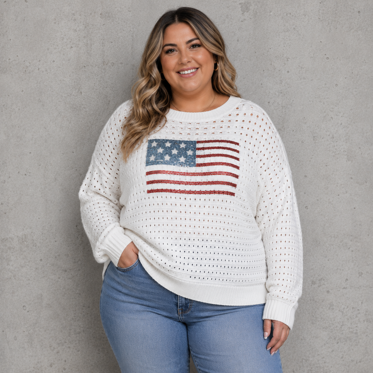 USA Sequin Flag Open Knit Pullover