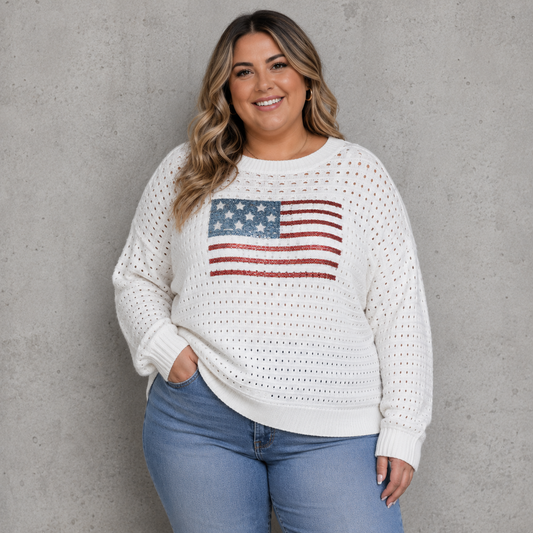 USA Sequin Flag Open Knit Pullover