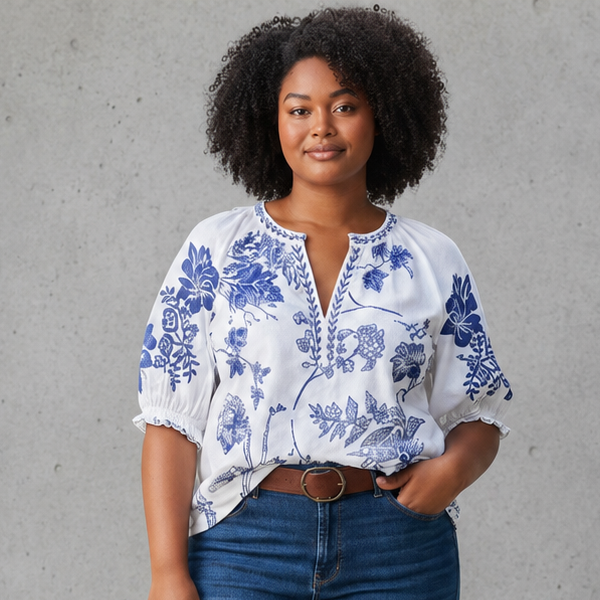 Blue and White Floral V-Neck Blouse