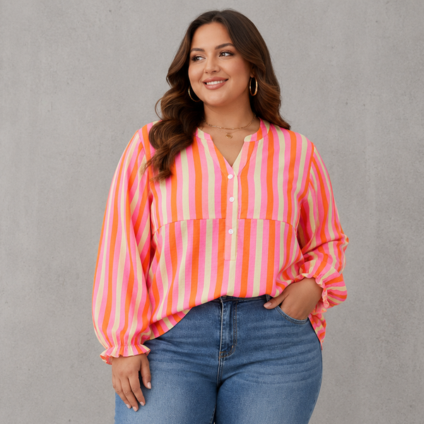 Pink Stripe Crinkled Half Button Blouse