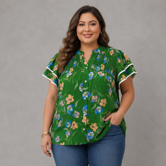 Green Ruffled Short Sleeve Floral Top