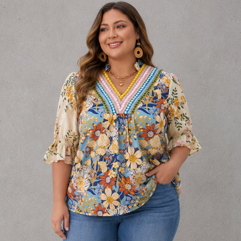 Floral Woven V Neck Blouse