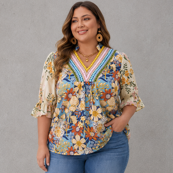 Floral Woven V Neck Blouse