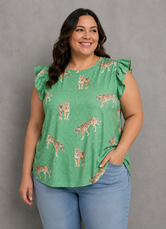 Tiger Print Ruffle Sleeve Top