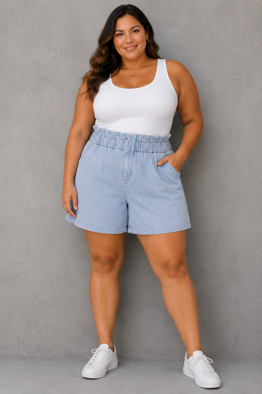 Elastic Waist Front Pocket Short- Denim