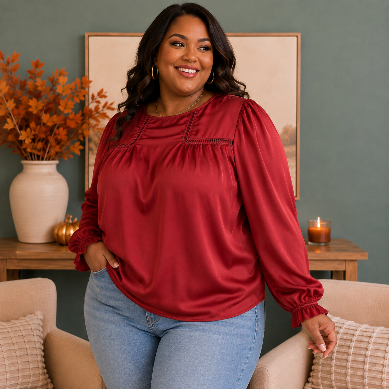 Satin Balloon Sleeve Blouse with Lace Trim