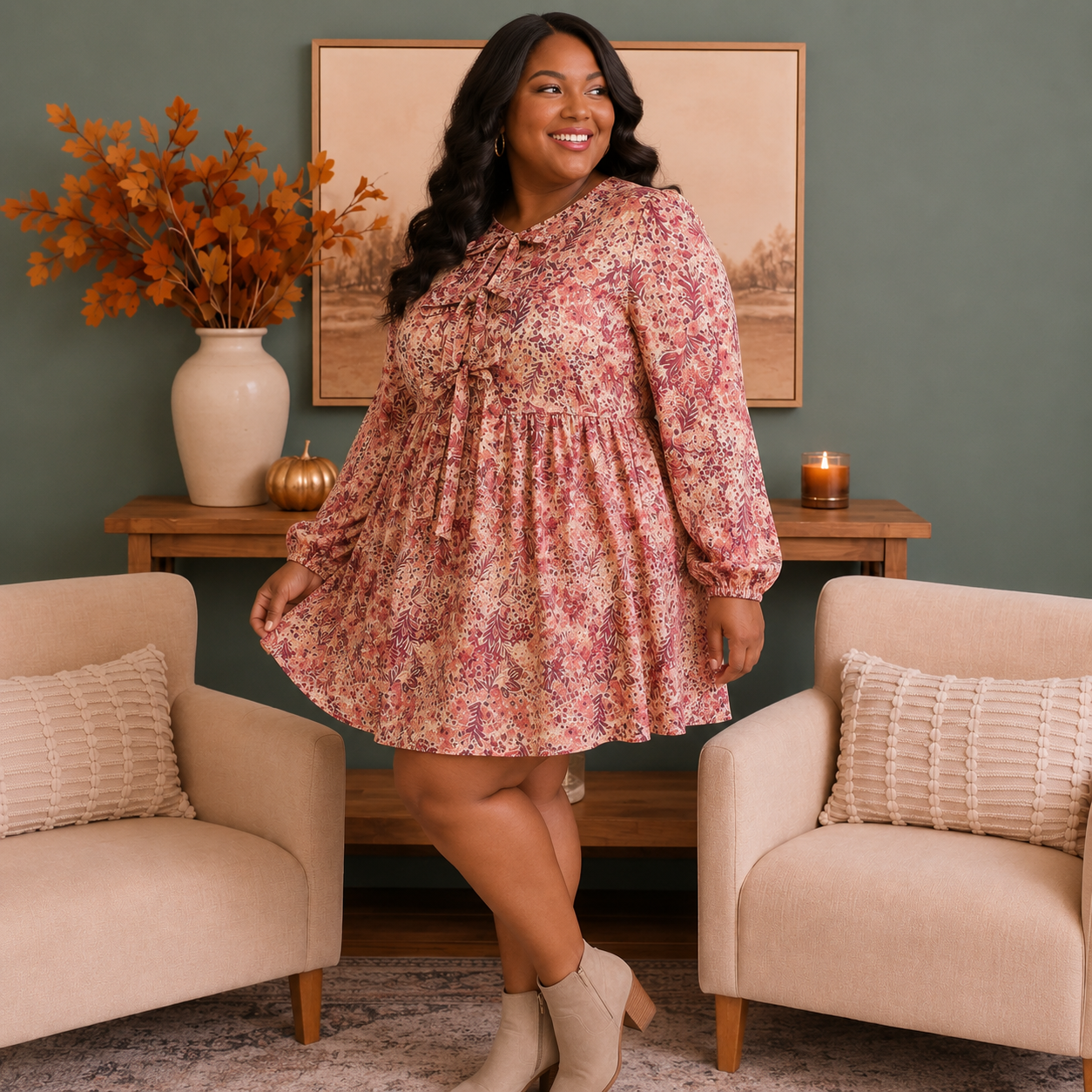 Long Sleeve Floral Bow Mini Dress