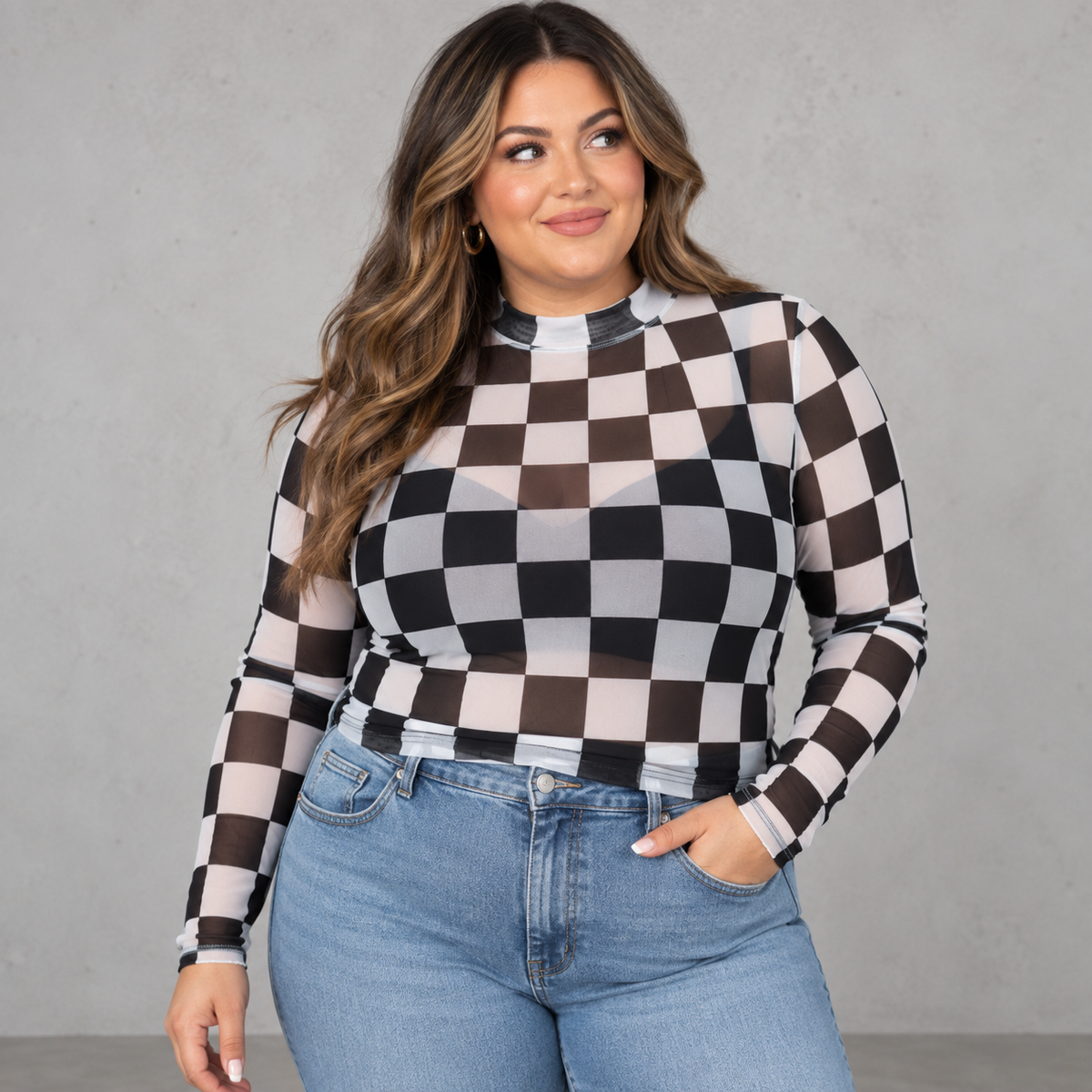 Checkered Mesh Long Sleeve Top