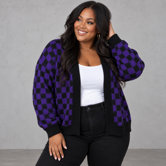 Black and Purple Checkered Cardigan