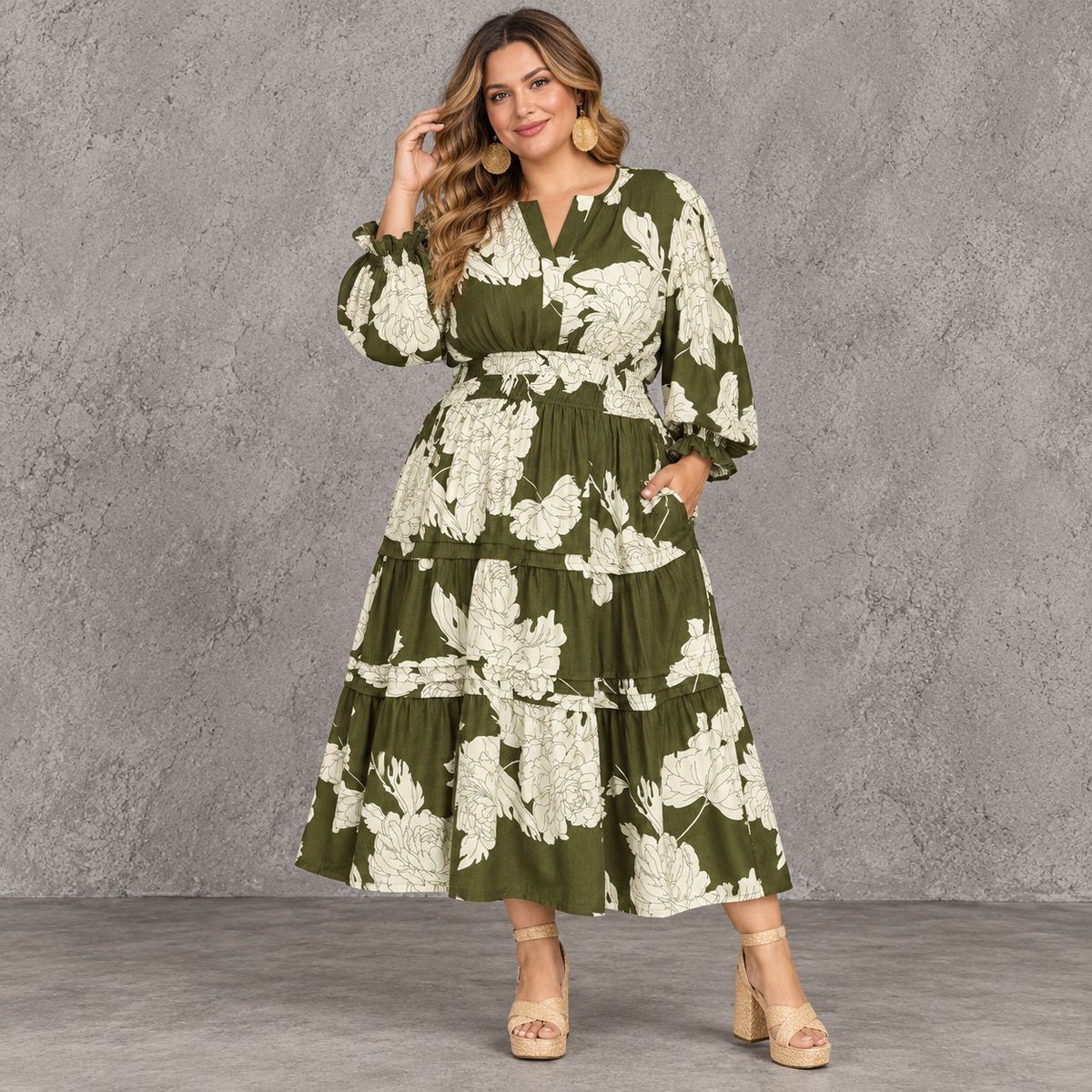 Pintuck Floral Midi Dress