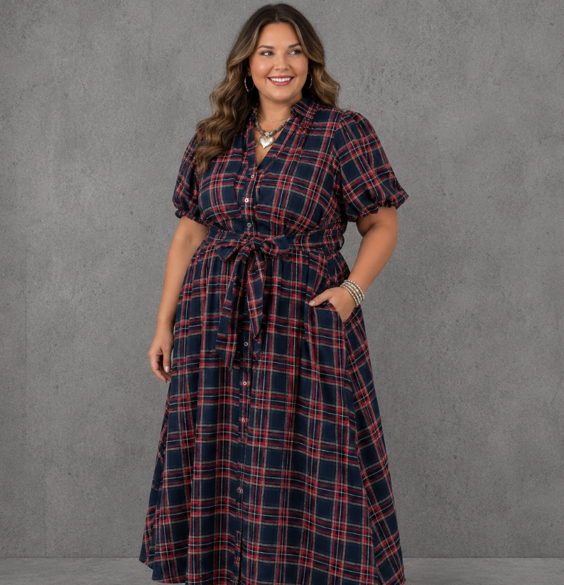 Black Plaid Belted Waist Dress
