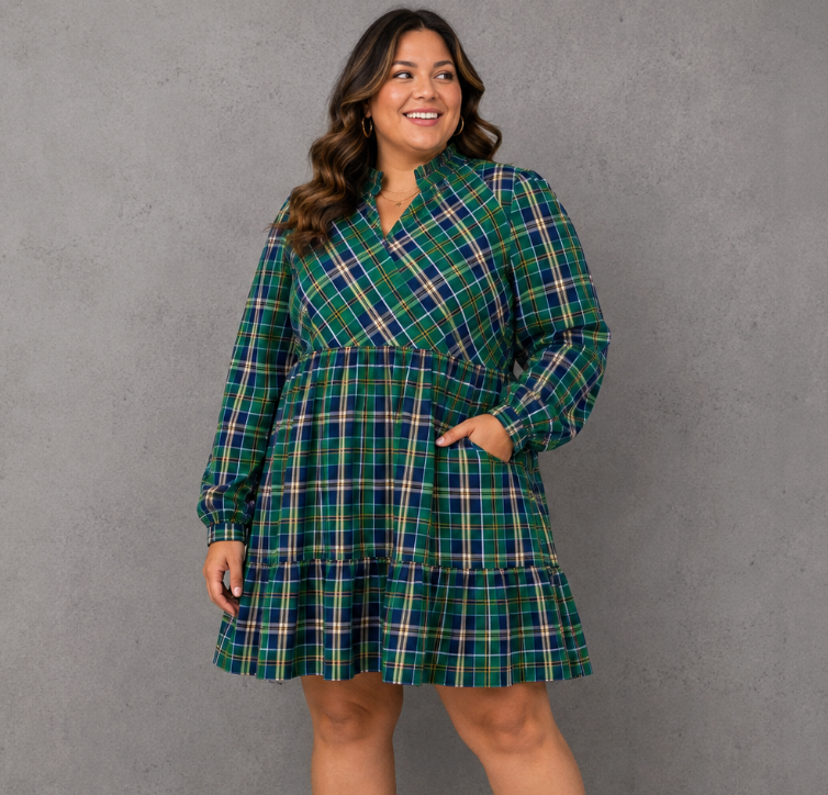 Green Plaid Long Sleeve Dress