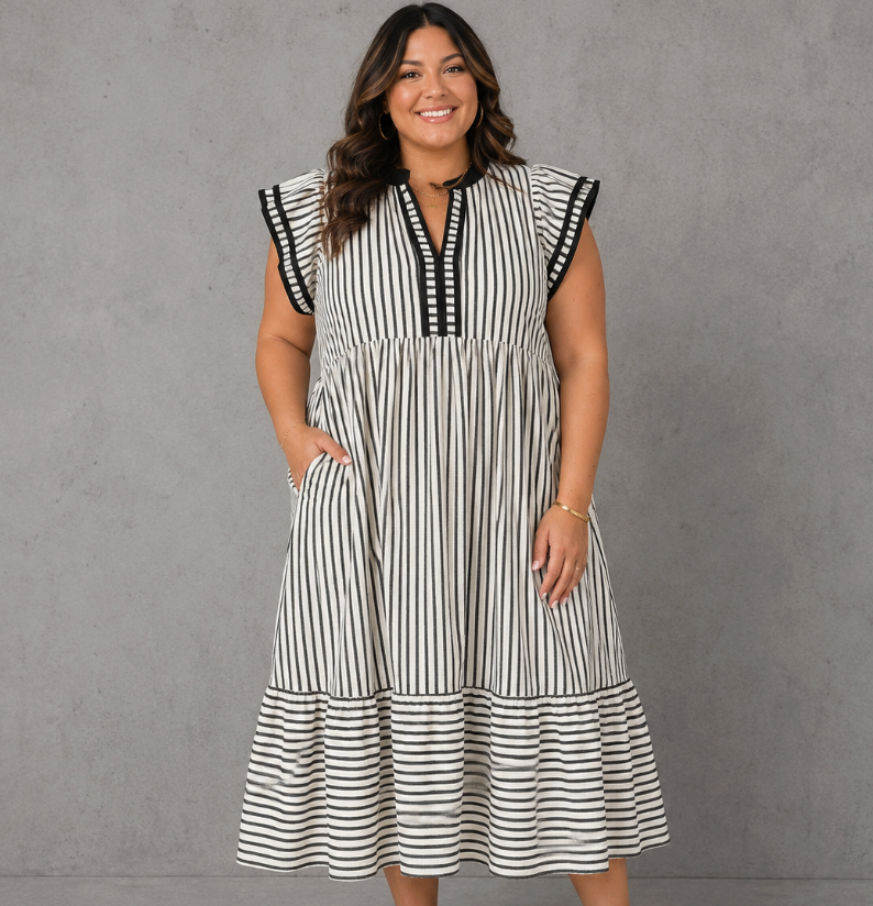 Black Stripe Flutter Sleeve Maxi Dress