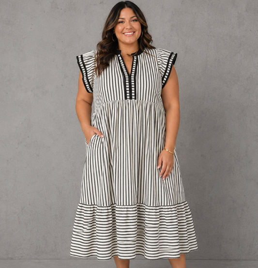 Black Stripe Flutter Sleeve Maxi Dress