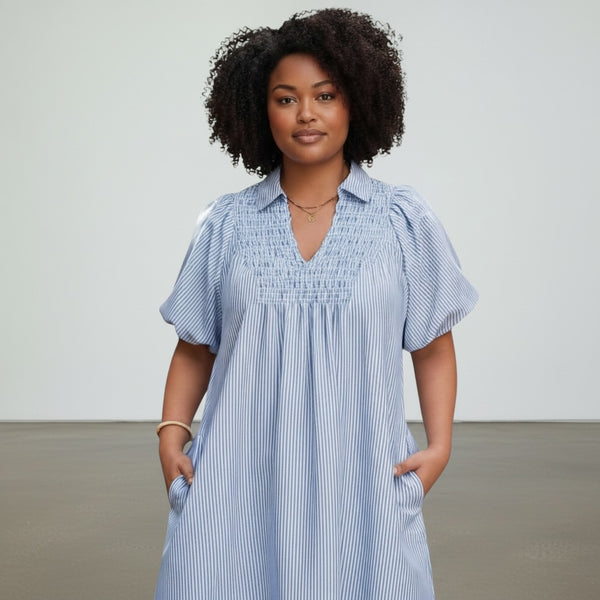 Blue Stripe Shirred Midi Dress
